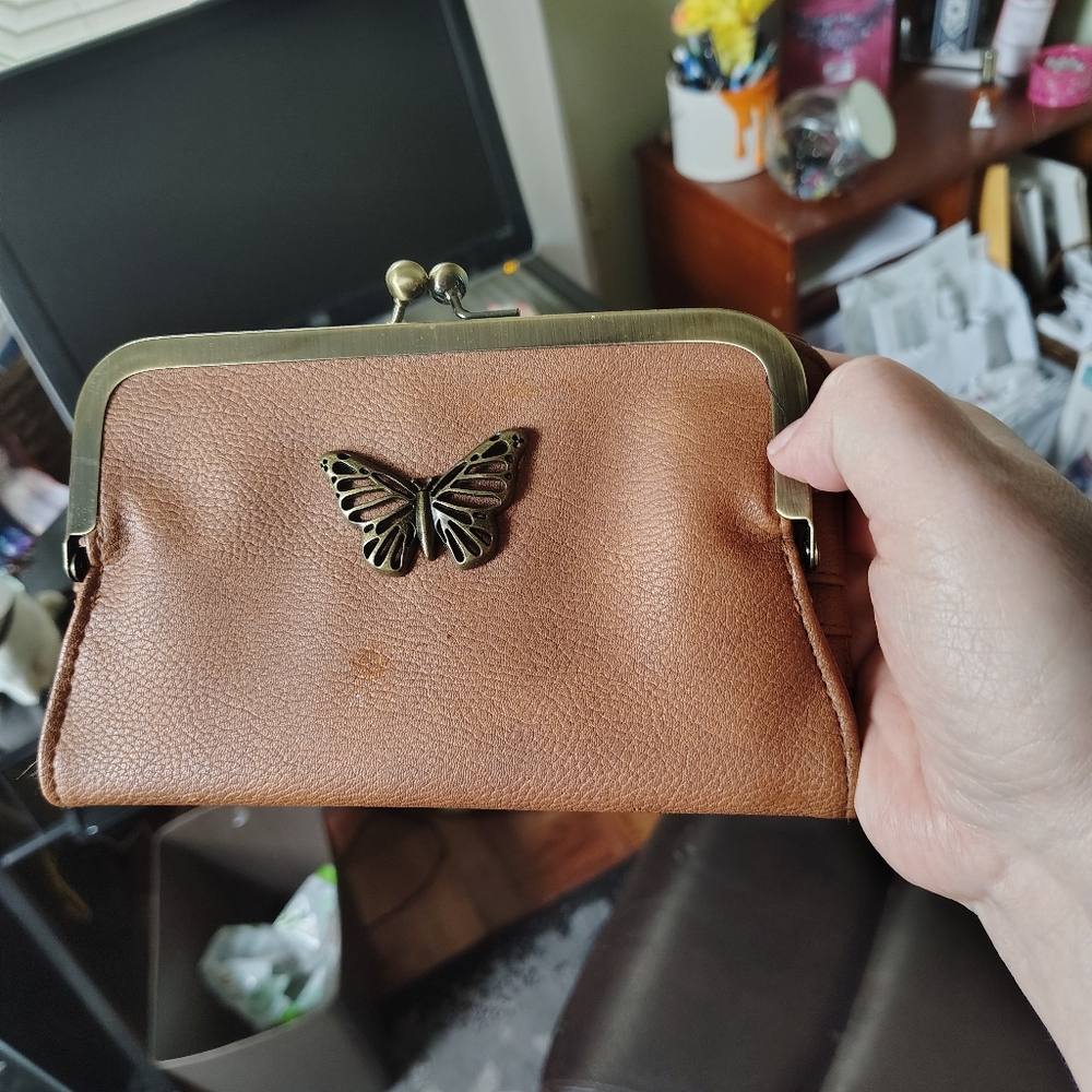 Brown Leather Wallet with Butterfly Accent